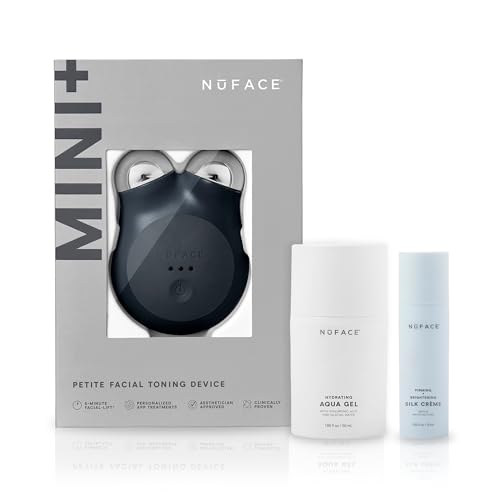 NuFACE MINI+ Microcurrent Facial Device Kit - FDA Cleared Face Sculpting & Skin Firming Device to Contour & Tone + Microcurrent Gel Activator Silk Creme & Applicator Brush - Midnight Black