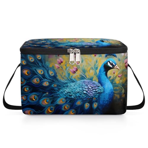 GzLeyigou Colorful Peacock Lunch Bags for Women Men 9 Cans, Hot & Cold Food Delivery Bag Insulated Grocery Bag Insulated Lunch Box Animal Cooler Bag for Office Work Picnic Beach