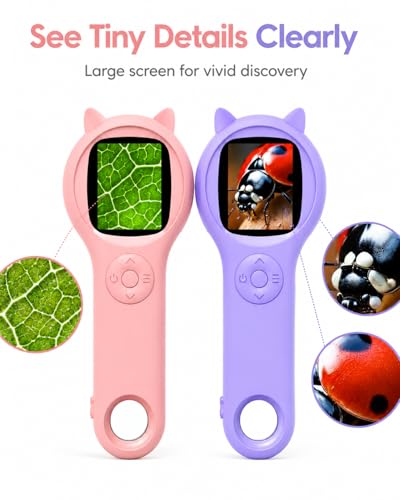 Image of Pink and Purple Microscope for Kids-200X Portable Digital Mini Microscope- Your Little Scientist Miniscope - STEM Toy for Age 5 6 7 8 9 10 11 12 Years Old Toddlers.