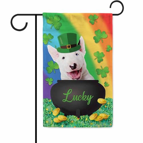 St.Patrick's Day Lucky Dog Garden Flag Bull Terrier Puppy Shamrock Clover Gold Pot Coin Rainbow Decor Home Banner for Outside Both Sides 12.5x18 Inch
