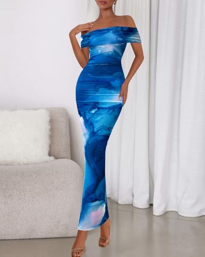 Image of BTFBM Cocktail Dresses for Women 2026 Elegant Classy Off Shoulder Bodycon Mesh Slit Floral Maxi Spring Summer Dress
