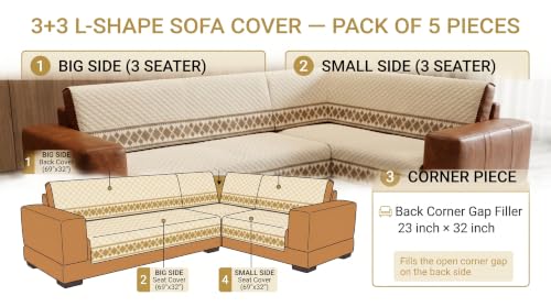 Image of KINGLY L-Shape Sofa Cover 6 Seater 3+3 Velvet Full Cover - Cream Beige | Fully covered quilted velvet slipcover, washable anti-slip furniture protector, L-type corner sofa cover for living room