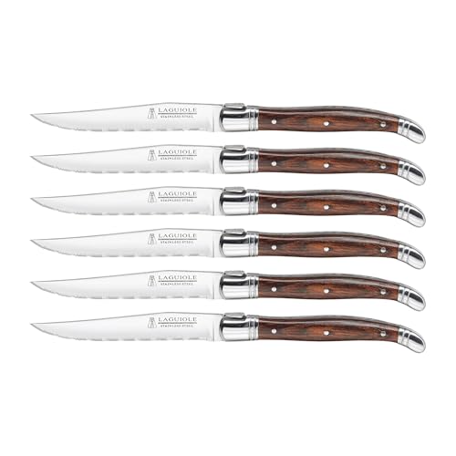 Trudeau Laguiole Steak Knives Set of 6 – Premium Stainless Steel Serrated Blades with Pakkawood Handles – Dishwasher Safe Steak Knife Set for Dinner, BBQ, or Gifting – Rustic Elegant Design