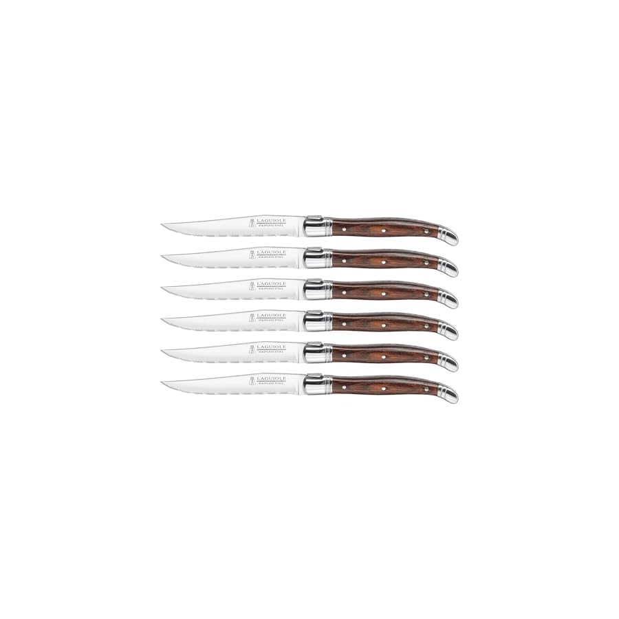 Trudeau Set of 6-Brown & Gray Laguiole Steak Knives with Pakkawood Handles, Stainless/Wood
