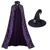 LMYOVE Witch Velvet Cape,Adult Full Length Halloween Party Cosplay Costume Stars Cloak with Hat (Purple,150cm)