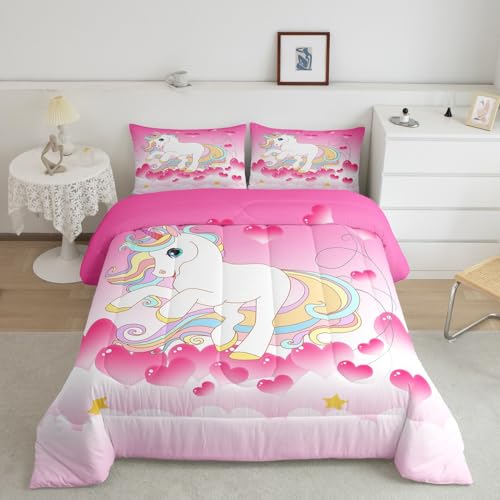 Girls Unicorn Comforter Set Twin Girly Fantasy Rainbow Unicorn Bedding Set for Kids Little Girls, Pink Love Heart Duvet Sets Dreamy Horse Cartoon Magical Animal Down Comforter with 1 Pillowc