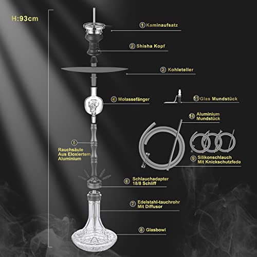 RYOSEE 93cm Shisha-Set, 4 Schläuche und Griffe, Alu-Rauchrohr, ausgestattet mit Ölsammler, Glas-Zigarettenspitze, Einweg… – Bild 3