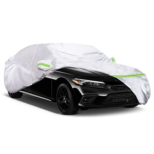 QUYDDC - Funda de coche de 360° de seis capas para todo tipo de clima, ajuste universal para sedán de hasta 181 pulgadas, impermeable, a prueba de nieve, a prueba de rayos UV, a prueba de arañazos, a prueba de excrementos de pájaros con 6 tiras reflectantes, funda gruesa para coche