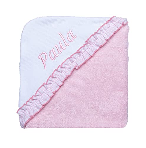 CARREDANA Capa de baño para Bebe 100% Algodon 75x75cm .Toalla de baño con Capucha suabe .Regalo recién Nacido. Multiusos.Personalizado con Nombre Bordado (Personalizado Vichy Rosa)