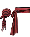 Halloween Pirate Accessories Costume-Red Black Striped Bandana Head Scarf Hat Waist Belt for Men Women Renaissance Accessories