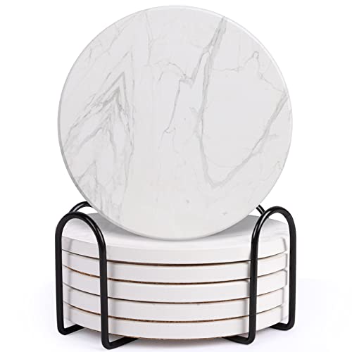 Dessous de Verre Céramique, Lot de 6 sous Verre avec Support, Absorbants Coaster en Céramique antidérapants pour la Maison, Le café et Les Bars, 4 Motifs de différents (Marbre 1) Cover