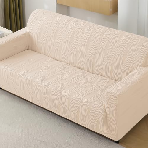 Image of HOKIPO 200 GSM Premium Knitting Jacquard Sofa Cover 3 Seater Fully Covered, 'Nestiva Series' Skimmed Cream (NEW2-AR-5309-CRM)