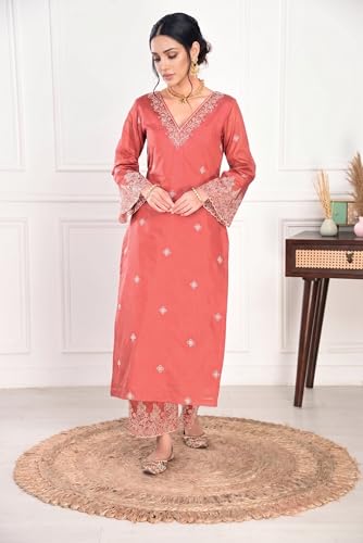 Image of Royal Export Women's Kurta Set | Viscose Silk Floral Embroidered Straight Kurta Pant Dupatta Set Kurta Sets for Women | Ladies Kurta Set (RX60-P)