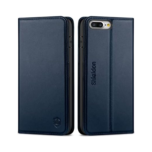SHIELDON iPhone 8 Plus fodral, iPhone 7 Plus fodral, äkta läderfodral med [TPU innerskal] [cykelställ] [Kortspår] Stötsäker folio plånboksfodral kompatibel med iPhone 7 Plus/8 Plus, marinblå