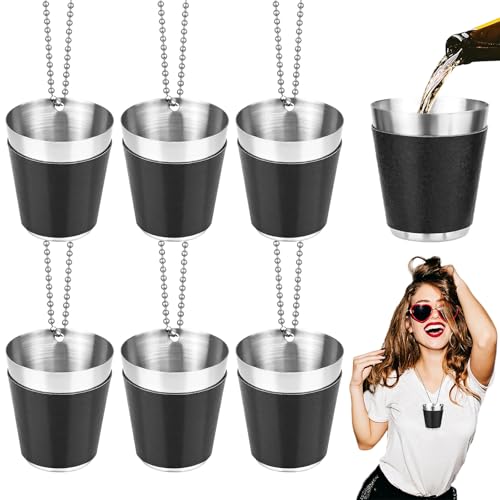 Begpoee 6 Pezzi Bicchieri da Shot da 30 ml, Bicchierini da Liquore Riutilizzabili, Bicchieri da Liquore con Catena, Per Feste di Matrimonio, Carnevali e Feste All'Aperto(4,2 x 3,7 cm, Nero + Argento)