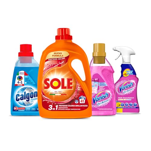 Kit Bucato Perfetto: Sole Detersivo (41 Lavaggi) + Vanish Oxi Hygiene Spray (725Ml) + Vanish Oxi Gel Rosa (1.5 L) Per Colorati + Calgon Power Gel 4 In