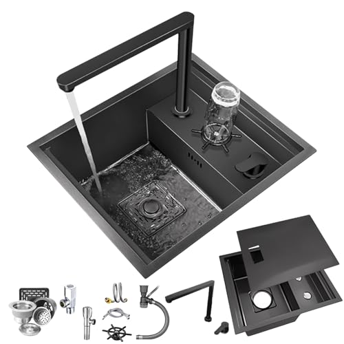 Évier de cuisine noir 38x45 cm en acier inoxydable avec robinet pliable intégré