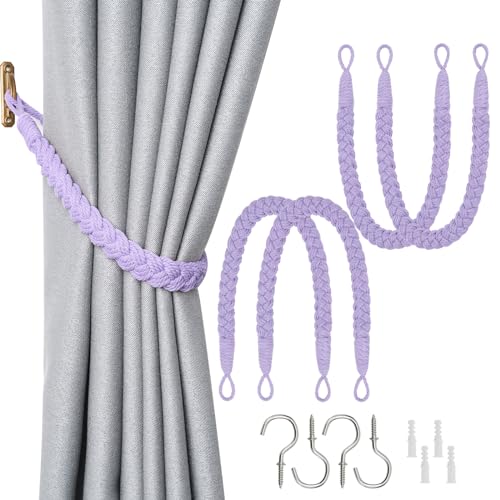 Pretty Jolly 4 Pack Natural Cotton Rope Curtain Tiebacks Elegant Boho Style Decorative Drape Tie Backs Soft Hand-Woven Rope Curtain Holdbacks with Metal Hook for Home & Office Drapery (Purple)