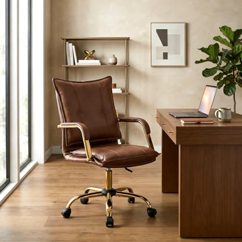 HULALA HOME PU Leather Office Chair with Armrests and Gold Legs Height Adjustable Swivel Desk Chair Upholstered Executive Task Chair for Home Office Brown