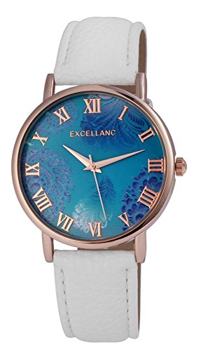 Preisvergleich Produktbild Damenuhr Türkis Weiß Gold Blumen Römisch Leder Armbanduhr