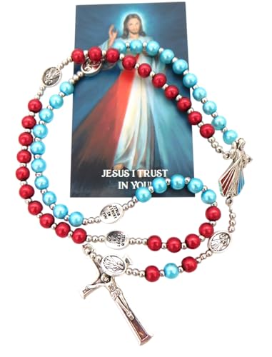 Westmon Works Divine Mercy Rosary Set Colorful Glass Beads and Metal Crucifix and Jesus Centerpiece with Catholic Prayer Holy Card4