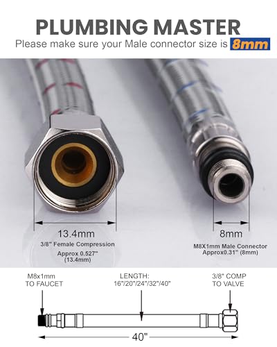 Faucet Supply Lines: WOWOW 40\" Bathroom Sink Faucet Hose, Braided Nylon cUPC Supply Lines 3/8\" Female Compression Thread × M8 Male Connector,Stainless Steel Braided Supply Line(1 Pair)
