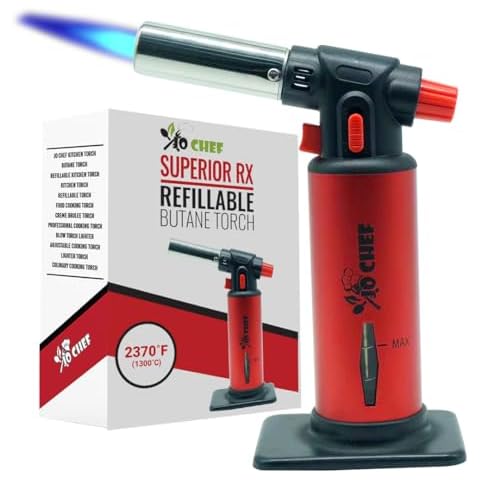 Jo Chef Kitchen Torch, Blow Torch - Refillable Butane Torch With Safety Lock & Adjustable Flame & Fuel gauge - Culinary Torch, Creme Brulee Torch For Cooking Food, Baking, BBQ + FREE eBook (Red) Cover