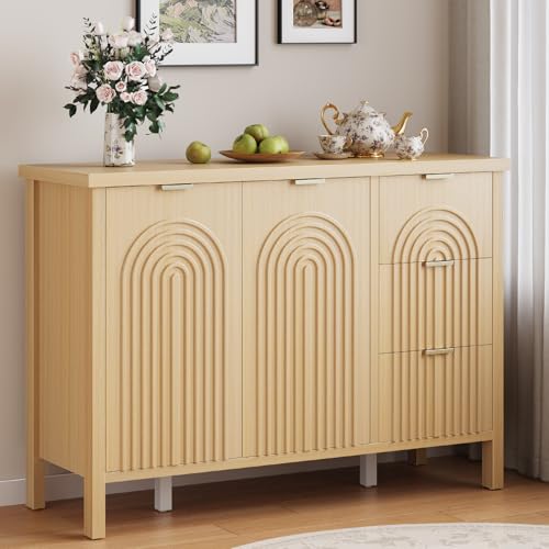 Curlaky Sideboard Buffet Cabinet with Storage - Fluted Accent Coffee Bar Cabinets Kitchen Credenza with Drawers & Doors, Wood Console Side Board with Adjustable Shelf for Living Room Entryway,Natural