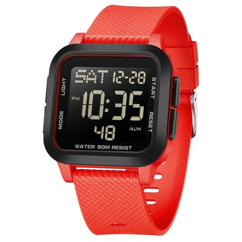 Reloj digital cuadrado para hombre, deportivo, militar, resistente al agua, con números grandes, esfera grande, para exteriores, para niños y estudiantes, Negro y rojo, Correa