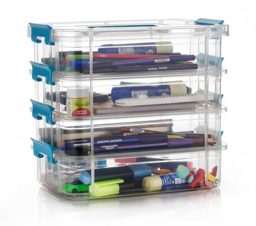 Image of Golden bird plastic boxes for Storage transparent, Space Saving Organiser with Lid Portable & Stackable for Jewelry, Beads, Crochet, Sewing, Scrapbooking DIY Craft (4 tier, Blue)