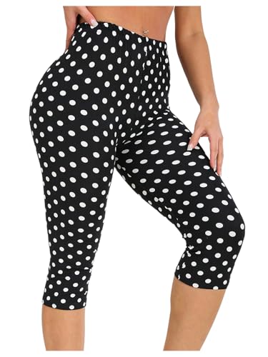 Milumia Womens Polka Dots Capri Leggings High Waist Skinny Leg Cropped Pants Black and White Small