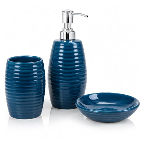 Image of Quace Ceramic Bathroom Accessories Set of 3, Soap Dispenser, Toothbrush Holder & Soap Dish, Modern Bathroom Decor Set for Wash Basin, Vanity Counter & Guest Bathroom (Ocean Blue)