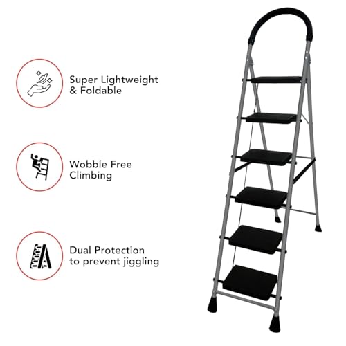FLIPZON Halo Foldable 6 Step Ladder for Home and Office Use | Alloy Steel | Wide Steps | Wobble-Free | Skid-Free Steps | Durable Safety Ladder | Rust Free | Anti-Skid (Grey & Black) - Image 5