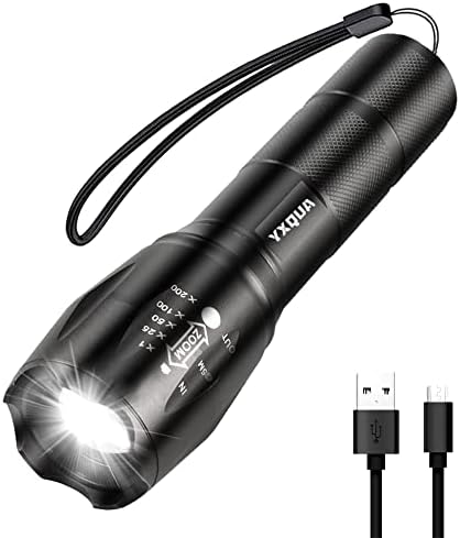 YXQUA USB Rechargeable Flashlights, 8381 High Lumens Lights, 3 Modes, Zoomable & Waterproof Super Bright Flash Light for Camping, Hiking, Emergency Hurricane(5.1 in)