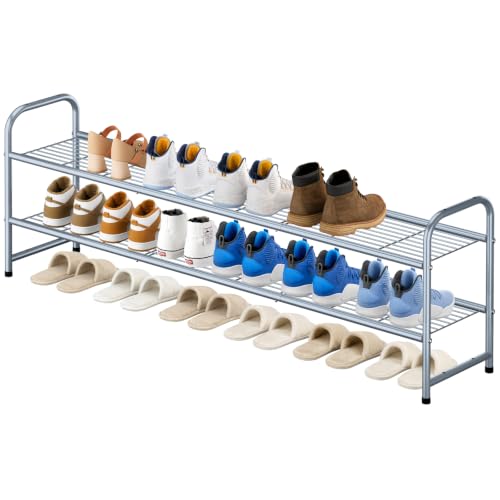 Image of KEETDY 2-Tier Long Shoe Rack for Closet Shoe Organizer for Entryway, Metal Stackable Shoe Storage Shelf for 18 Pairs Sneakers with Strong Wire Grid, Gray