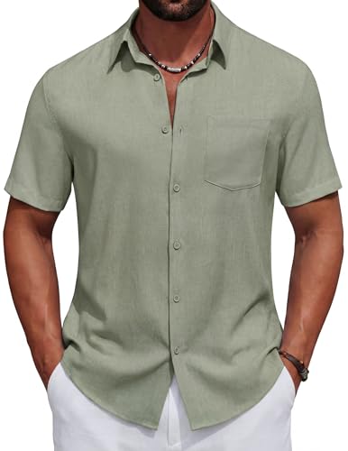 COOFANDY Men's Button Down Shirts Linen Untucked Business Fitted Summer Casual Shirt Short Sleeve Light Green