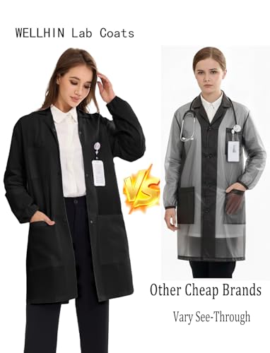 Image of Women's Lab Coats Snap Closure 4 Pockets Elastic Cuffs Professional Medicas Long Sleeve Labcoats Scientist College