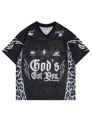 SOLY HUX Men's Jersey Shirts Mesh Graphic Tees V Neck Drop Shoulder Short Sleeve Loose Streetwear Tops