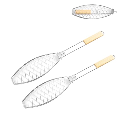 2 Pieza Soporte Para Barbacoa de Pescado, Parrilla Para Pescado con Mango de Madera, Soporte Plegable Para Pescado, Adecuado Para Uso Al Aire Libre, Para Barbacoas y Estantes de Barbacoa (63 x 12cm)