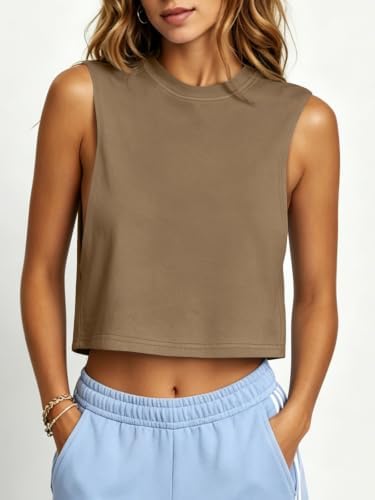 UNCLECAT Womens Workout Tank Tops Sleeveless Cropped T Shirts Summer Crewneck Loose Fit Basic Tees Dark Khaki - 3