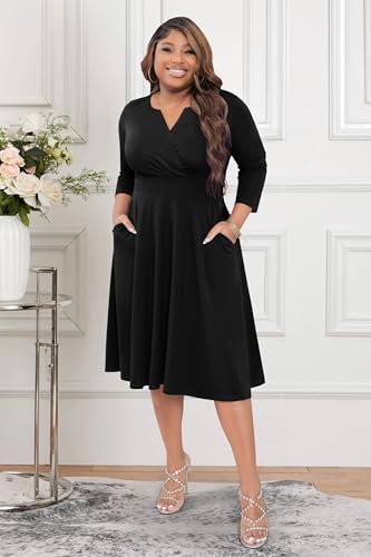 Runwind Women’s Plus Size Midi Dress 3/4 Sleeve Fit and Flare Cocktail Dresses Casusl V-Neck Dress with Pockets4