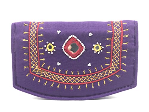 Image of SriShopify Girls Women's Cell Phone Holder Pocket Wallet Hand Purse Clutch Handmade Embroidery (7.5 Inch Beads and Threads Work, Purple Purse)