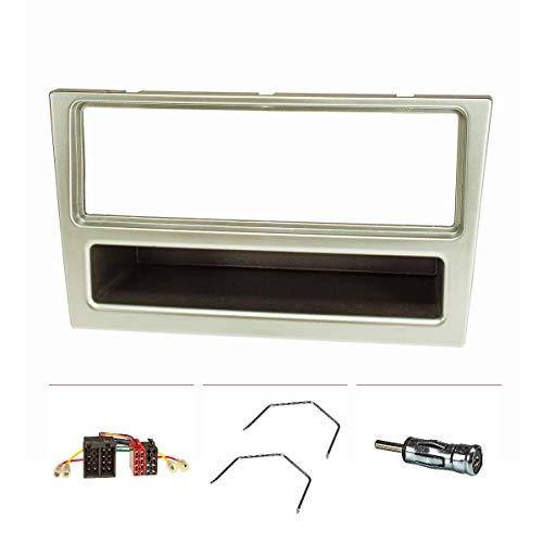 tomzz Audio 2439-072 Juego de Panel de Radio Compatible con Opel Corsa C Combo Omega B Vectra C Meriva Cromado Mate con Adaptador de Radio Adaptador de Antena ISO Soporte de desbloqueo ISO DIN