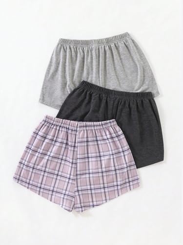 Image of WDIRARA Women's 3 Pack Plaid Letter Graphic Pajama Shorts Lounge Shorts | Elastic Waist ,Comfortable,Home Living,Sleepwear