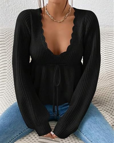 Image of BAIMORE Women's Casual Deep V Neck Drawstring Tie Front Long Sleeve Ruffle Hem Pullover Sweater