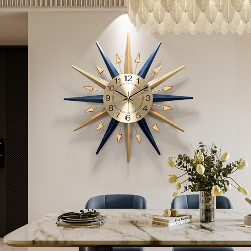 Starburst Large Wall Clock,Mid Century Decorative Wall Clock Modern Silent Clock Battery Operated for Living Room/Kitchen/Entryway/Bedroom/Office/Dinning Room Metal Wall Decor