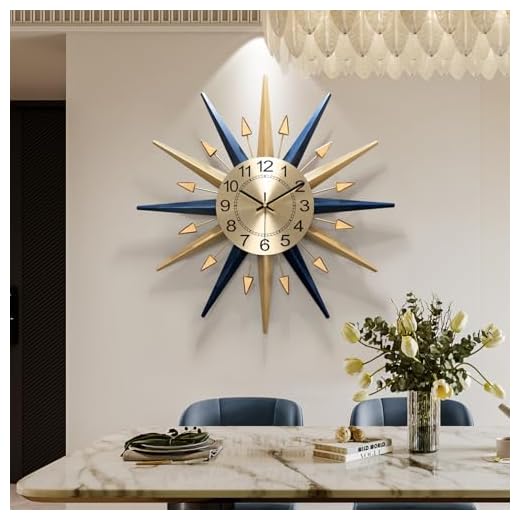 Starburst Large Wall Clock,Mid Century Decorative Wall Clock Modern Silent Clock Battery Operated for Living Room/Kitchen/Entryway/Bedroom/Office/Dinning Room Metal Wall Decor