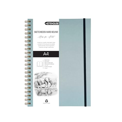 Image of Notehouse A4 Sketchbook Hard Bound Made for Artist 140 GSM Art Notebook (30x21 cm) | 80 White Unruled Pages | Thick Smooth Drawing Paper | Pastel Blue Hard Cover