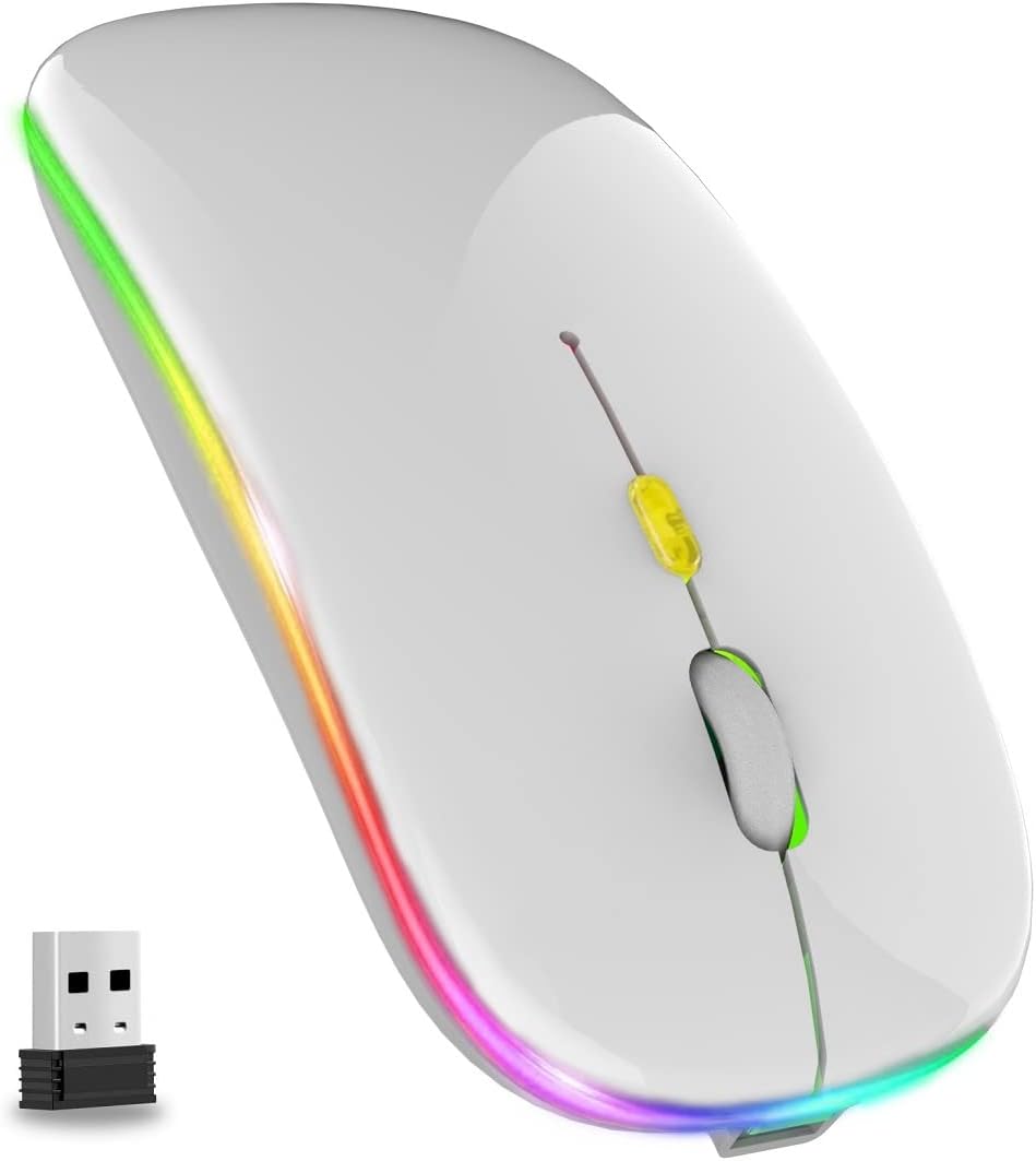 GLOBAL TECH LED Wireless Mouse, Slim Rechargeable Wireless Silent Mouse, 2.4G Portable USB Optical Wireless Cordless Mice with USB Receiver for Laptop, PC, Computer, Mac (White)