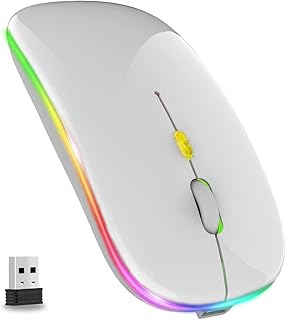 LED Wireless Mouse, Slim Rechargeable Wireless Silent Mouse, 2.4G Portable USB Optical Wireless Cordless Mice with USB Receiver for Laptop, PC, Computer, Mac (White)